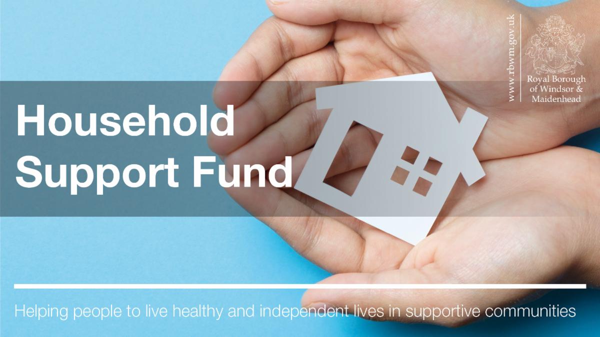 Light blue graphic showing hand holding a small house with care. Household Support Fund. Helping people to live healthy and independent lives in supportive communities.